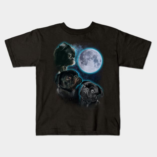 Three Pugs moon Kids T-Shirt by ursulalopez